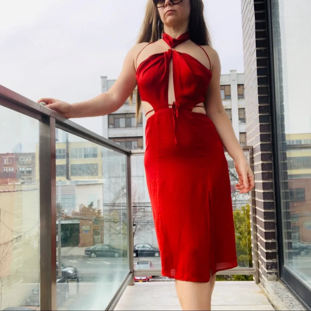 Reformation Neck Chocker Strappy Cherry MIDI Dress